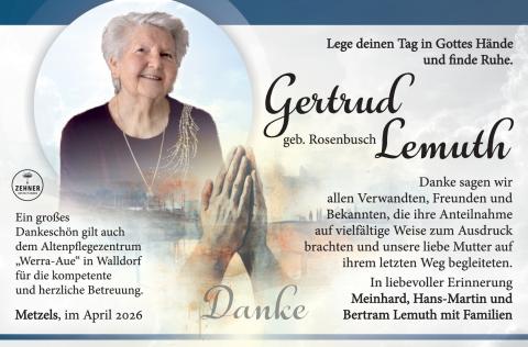 Danksagung Gertrud Lemuth