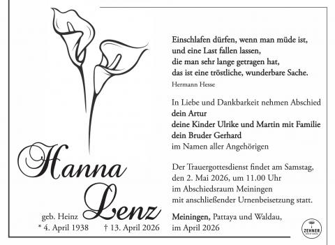 Traueranzeige Hanna Lenz