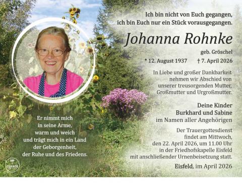Traueranzeige Johanna Rohnke