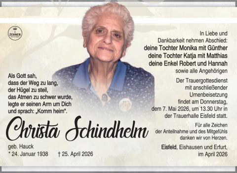 Traueranzeige Christa Schindhelm