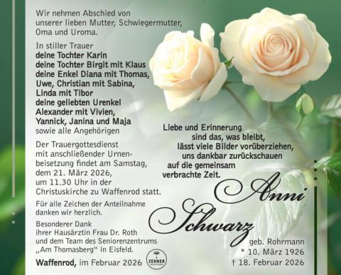 Traueranzeige Anni Schwarz