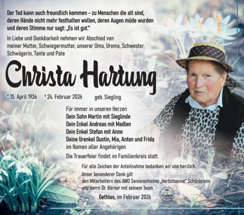 Traueranzeige Christa Hartung