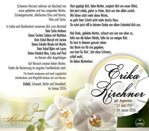 Traueranzeige Erika Kirchner
