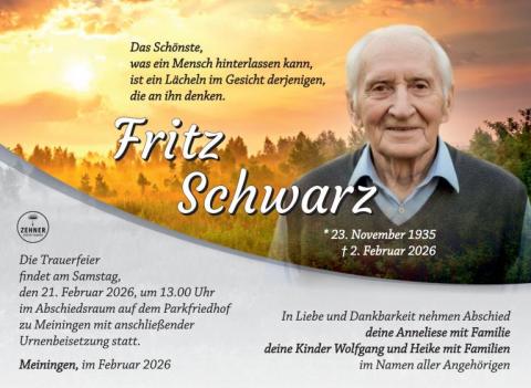 Traueranzeige Fritz Schwarz