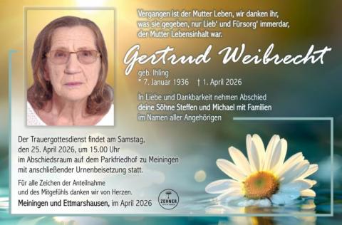 Traueranzeige Gertrud Weibrecht