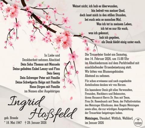 Traueranzeige Ingrid Hoßfeld