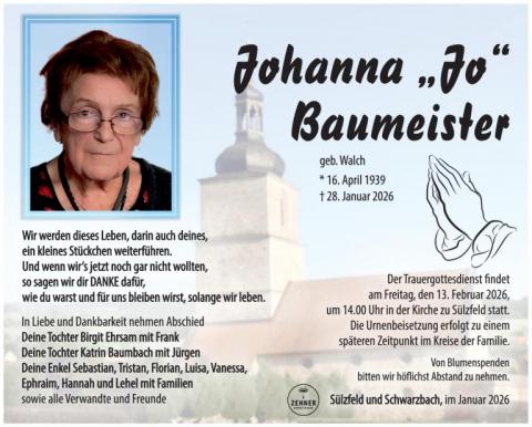 Traueranzeige Johanna Baumeister