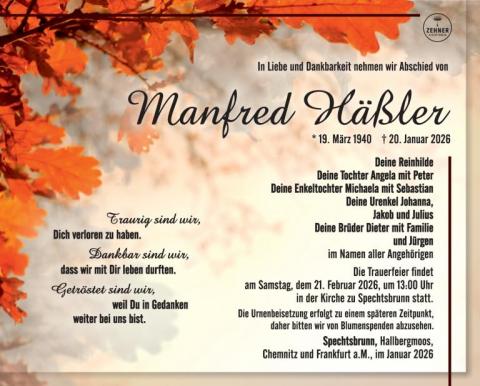 Traueranzeige Manfred Häßler