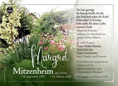 Traueranzeige Margret Mitzenheim