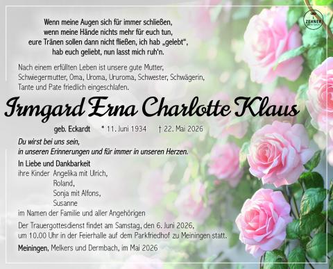 Traueranzeige Irmgard Erna Charlotte Klaus