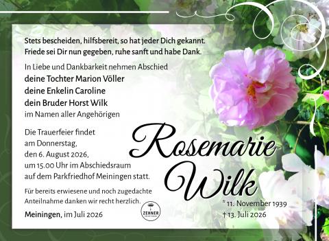Traueranzeige Rosemarie Wilk
