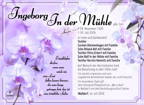 Traueranzeige Ingeborg In der Mühle