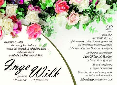 Traueranzeige Inge Wilk