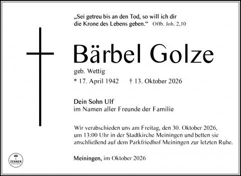 Traueranzeige Bärbel Golze
